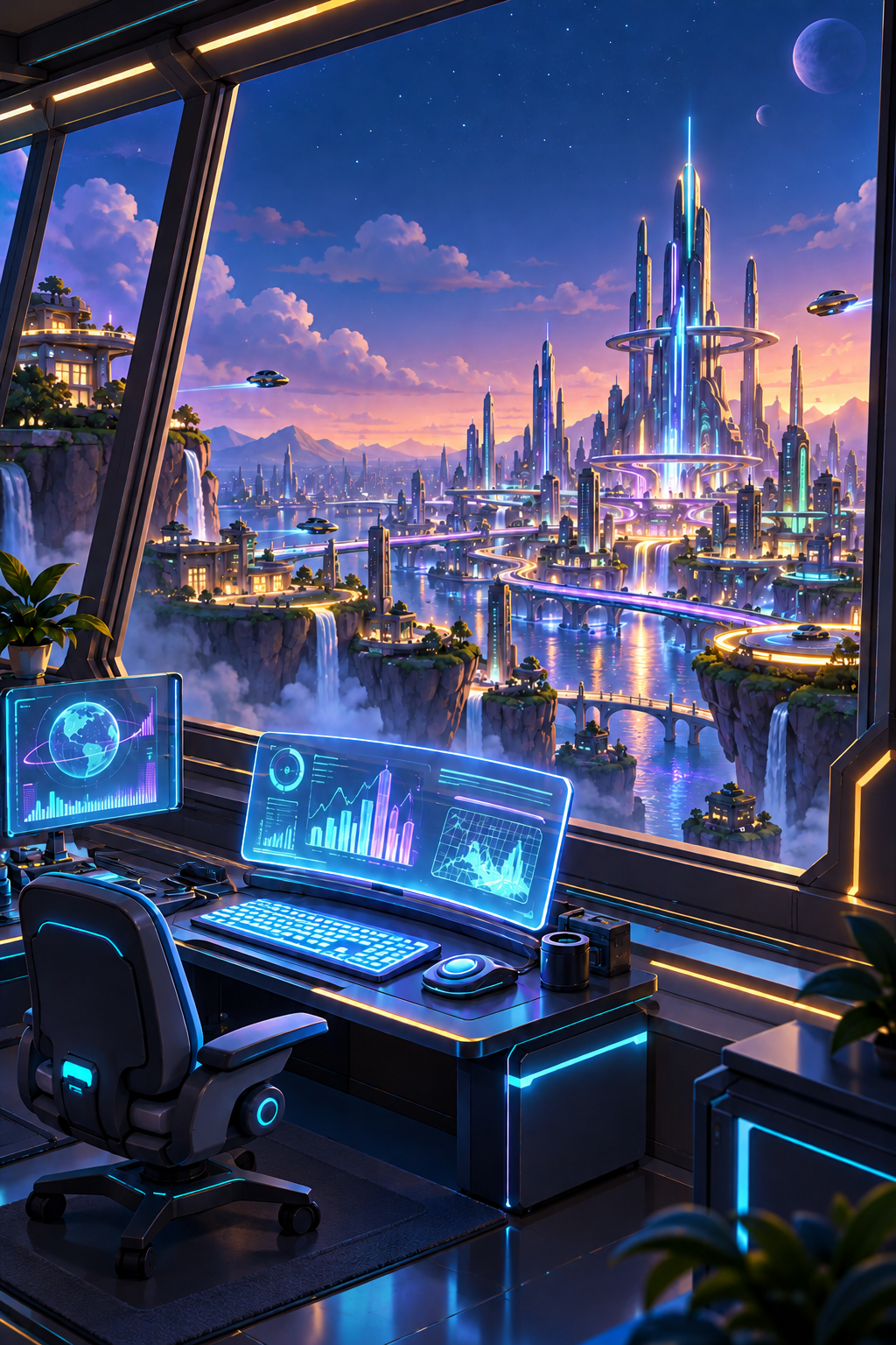 A cartoon robot at a computer inside a control room overlooking a glowing game city